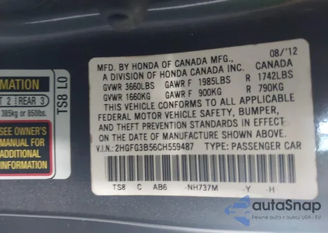 2012 Honda Civic Lx from USA, damaged, VIN 2HGFG3B56CH559487